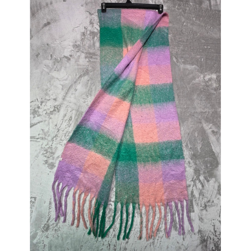 Green Purple Peach Plaid Oversized Tassel Fringe Blanket Scarf Soft Fuzzy Knit